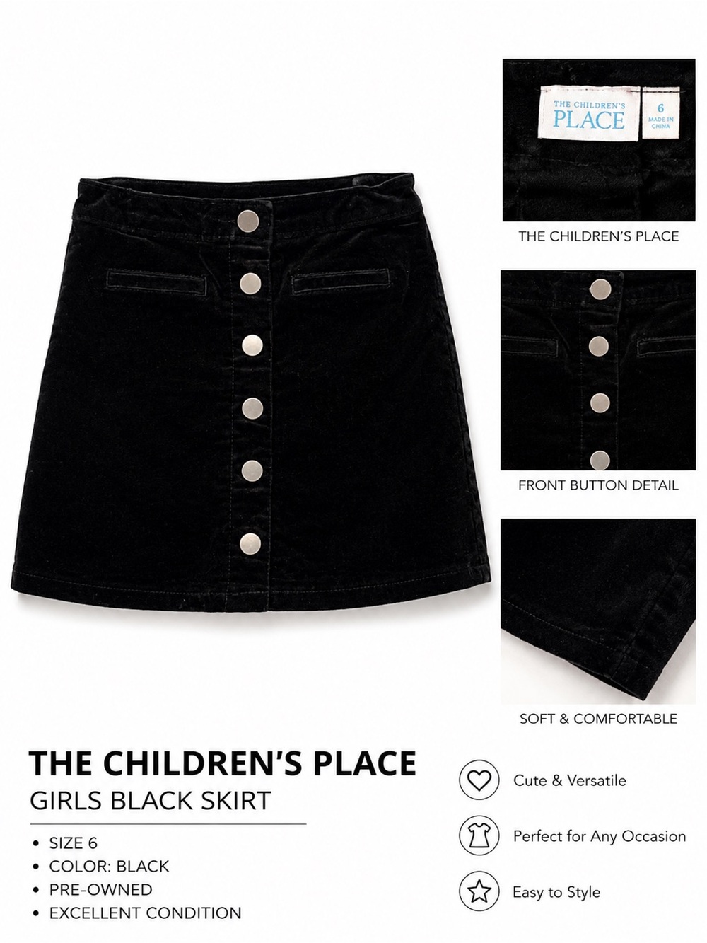The Children's Place Black Button-Front Corduroy Skirt